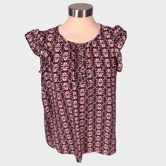 LOFT Outlet Medium Ruffle Sleeveless Red White Print Blouse Polyester - Picture 1 of 7